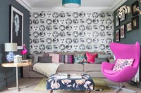 Modern living room with patterned wallpaper