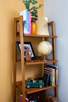 Wooden shelving unit against painted wall
