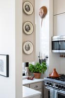 Display of wall mounted decorative plates on kitchen wall 