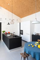Modern kitchen with sloping chipboard ceiling 
