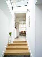 Wooden steps in corridor with glass ceiling 