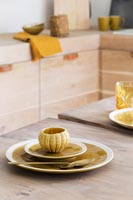 Tableware on wooden table