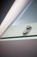 Detail of chrome knobs on glass cabinet doors 