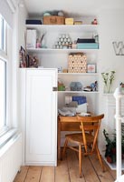 Desk with sewing machine and storage shelves 