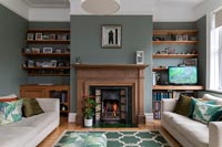 Living room with fireplace and shelving