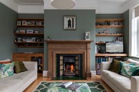 Living room with two sofas, fireplace and shelving