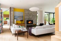 Lit fireplace in contemporary living room. Artwork by Judy McKenna