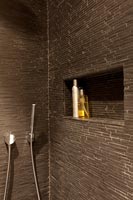 Brown shower cubicle alcove with toiletries 