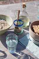 Food and drink on garden table 