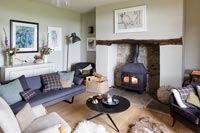 Country living room with wood burning stove 