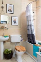 Classic bathroom with unusual layered shower curtain 