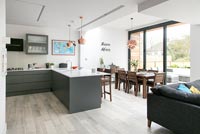 Modern open plan living space with kitchen, dining table and living area