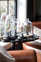 Collection of glass cloches on black side table 