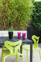 Lime green chairs around black garden table with screen of bamboo 