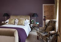 Modern bedroom with purple painted walls 