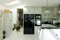 Pet dog in modern black and white kitchen 