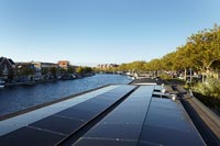 Modern houseboat roof with solar panels 