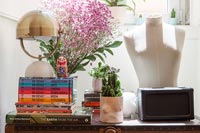 Side table with books, ornaments and houseplants 