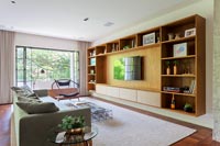 Contemporary living room with shelving unit 