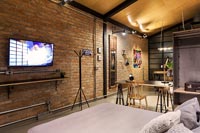 Modern industrial bedroom with wall mounted television in open plan apartment