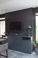 Dark wall unit with television 