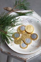 Close up coins on a plate