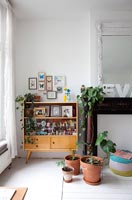 Vintage cabinet surrounded by potted plants 