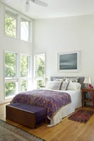 Modern bedroom with large windows 