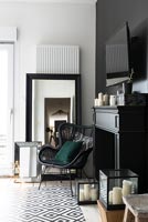 Black and white furniture and painted fireplace 