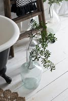 Branches of foliage in glass vases on bathroom floor 