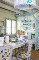 Blue and white country dining room detail
