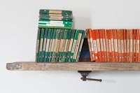 Collection of Penguin paperback books on wooden shelf 