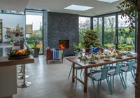 Modern kitchen dining room decorated for Christmas 