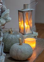 Grey decorative pumpkins, lantern and foliage on metal table 