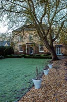 Country garden and rear of house in winter 