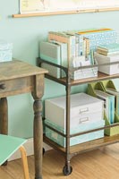Retro study with filing boxes on vintage trolley 