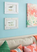 Framed paintings of birds on blue painted wall 