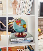 Modern bookcase with globe