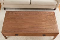 Overhead view of wooden coffee table 