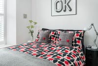 Black white and red modern bedroom 