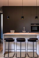 Contemporary monochrome kitchen with lights on 