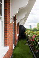Artificial grass and planters of flowering plants on classic balcony 