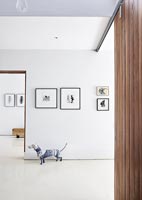 Contemporary hallway with display of artwork 