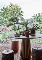 Ornate table and matching stools - house plants on table with view to garden 