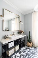 Large mirror over marble sink unit in monochrome bathroom 