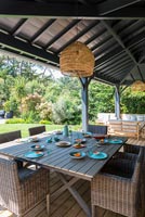 Large outdoor dining table on covered terrace 