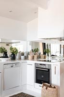 Houseplants and ceramics on modern kitchen worktop 