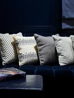 Grey and white cushions on dark blue sofa