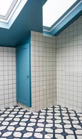 Tiled wetroom with painted walls and patterned floor