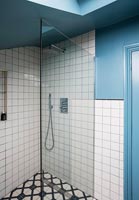 Shower cubicle in blue and white bathroom 